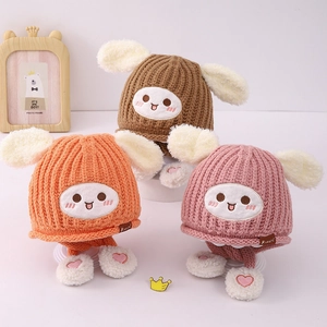 Bonnet en Tricot d'Hiver Mignon pour Enfants à Oreillettes Chaud en Peluche Lapin Longues Oreilles Broderie Visage Garçons Filles