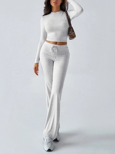 Full view of women's gray Y2K slim long sleeve top and drawstring flare pants set