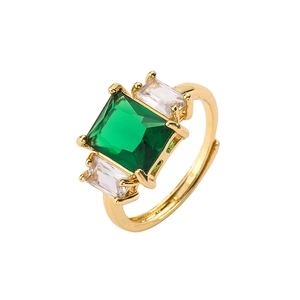Three-stone emerald green square crystal adjustable gold ring in a luxury style