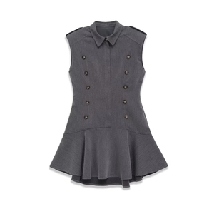Robe Courte Sans Manches Col À Revers Boutons Épaulettes Ourlet À Volants Coupe Ajustée Gris Foncé Polyester