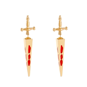 Gothic gold sword earrings with red blood drop enamel accents on a clean white background