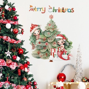 Christmas tree and cute mermaid wall stickers with Merry Christmas typography and colorful bunting