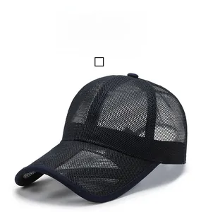 Detail of breathable mesh construction and curved brim on this black sports baseball cap