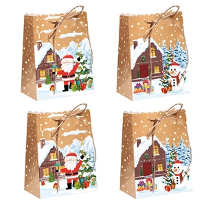 Christmas Kraft Paper Gift Bags Candy Cookie Packaging Boxes With Hemp Rope Santa Snowman Pattern Festive Holiday Party