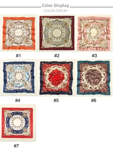 Detailed grid showing seven elegant chain and rope print square silk feel scarves