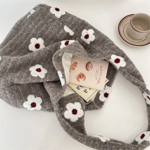 Detail view of plush grey floral tote bag showing soft texture and spacious interior