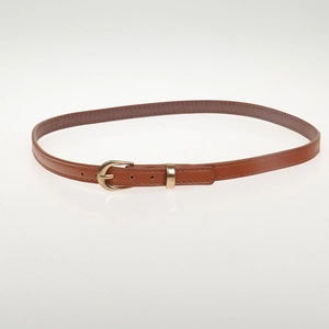 Close-up of brown leather belt featuring gold metal buckle and detailed stitching