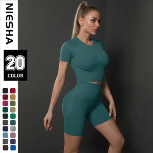 Women Seamless Yoga Set Knitted Sport Top And Bottom High Waist Shorts Short Sleeve Gym Fitness Workout Suit