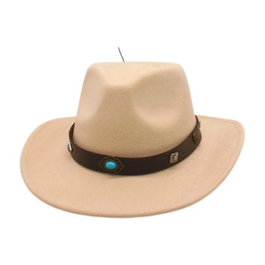 Detail of beige faux suede western hat with turquoise stone and metal hardware on band