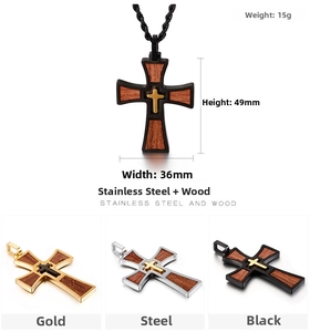 Detailed view of multilayer cross pendant in steel, gold and black with dimensions