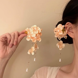 Sweet Fabric Flower Hair Clip With Artificial Pearl Tassel Fashion Duckbill Clip For Women Small Fresh Style Hair Accessories