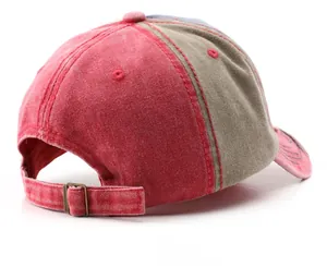 Detail view of the vintage washed patchwork baseball cap back with copper metal buckle