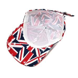 Union Jack print baseball cap showing interior sweatband and adjustable back strap