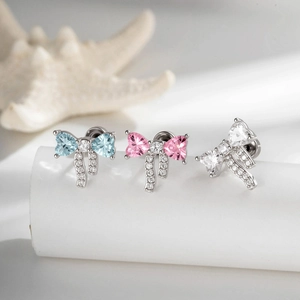 Titanium Steel Screw Back Cubic Zirconia Heart Bowknot Cartilage Earring Stud Copper Body Piercing Jewelry For Women