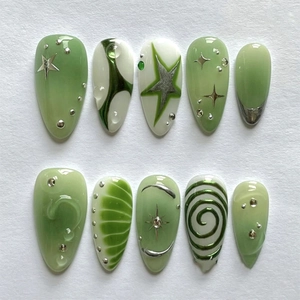 Faux Ongles Press On 3D Résine Vert Blanc Smudge Amande Y2K Motif Étoile Strass Rivet Décor Mode Pour Femmes