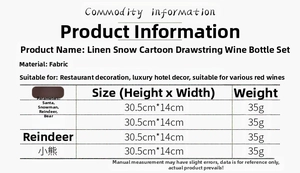 Detailed size specifications for linen Christmas wine bottle covers with drawstring