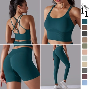 Women Seamless Yoga Set Ribbed Nylon Spandex Cross Back Sports Bra High Waist Shorts Leggings Fitness Gym Workout