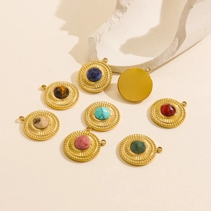 Gold round pendants with colorful natural stone inlays and radiating textured edges