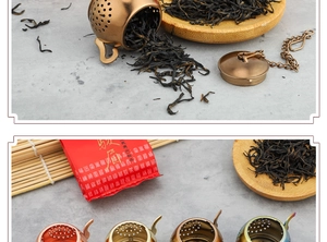 Detailed view of teapot-shaped stainless steel tea strainers in various metallic finishes
