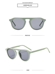 Front and side view of retro round mint green sunglasses with metal rivet detailing