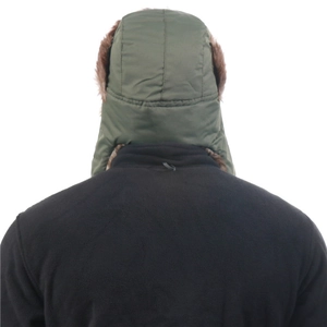 Detail view of the back of a green thermal trapper hat with waterproof fabric and ear flaps