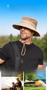 Detail of khaki outdoor sun hat featuring breathable mesh crown and adjustable chin strap