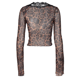 Detail of leopard print mesh top featuring lace trim V-neckline and sheer fabric texture