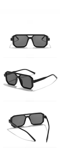 Front and 45-degree angle views of black square double-bridge sunglasses in detail