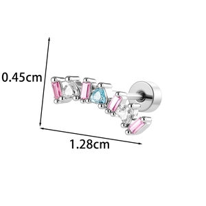 Curved geometric ear stud with micro-pave pink and blue zircon stones 1.28cm