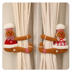 Plush Christmas gingerbread man curtain tiebacks in a cozy festive home setting