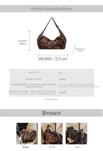 Size chart showing large leopard print shoulder bag dimensions 57x26x23cm and colors