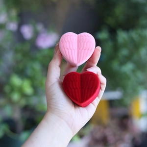Detailed velvet heart-shaped jewelry box featuring 3D angel wings texture in pink and red
