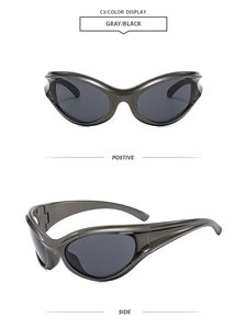 Front and side view of futuristic gunmetal wrap-around Y2K sunglasses with dark grey lenses