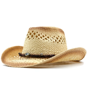 Close-up of breathable hollow weave and vintage evil eye beads on men's straw cowboy hat