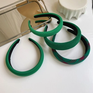 Green Padded Sponge Headbands For Women Fabric Ribbed Plaid Quilted Design High Top Retro Style Hair Accessories