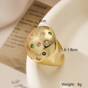 Detail of gold-plated geometric ring featuring colorful zircon stones and dimensions