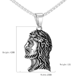 Retro titanium steel Jesus pendant with thorn crown on box chain, 42x25mm dimensions