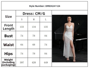 Size chart showing S to L measurements for the cutout backless split evening dress