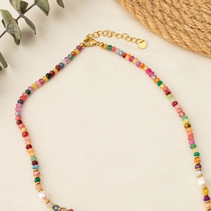Bohemian colorful natural stone and pearl beaded necklace with titanium steel lobster clasp