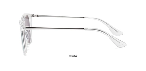 Side view of kid oval sunglasses with transparent frame and slim silver metal temples