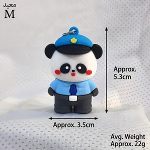Cute panda police officer silicone keychain with blue uniform and metal ring for bags