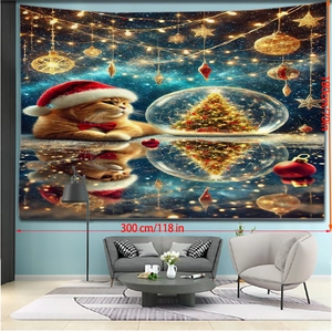 Detail of 300x180cm Christmas tapestry featuring festive orange cat and glowing snow globe