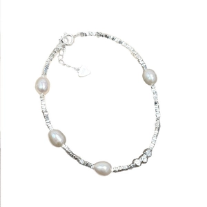 Elegant S925 sterling silver beaded bracelet with natural baroque pearls and heart charm