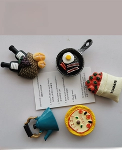 Detailed 3D resin fridge magnets featuring miniature food like pizza and red wine