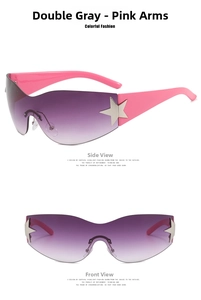 Close-up of Y2K rimless sunglasses with purple gradient lenses and silver star accents