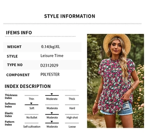Size chart detail for casual floral ruffled sleeve blouse with polyester fabric info