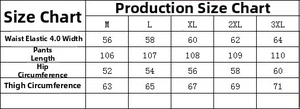 Size chart showing waist, length, hip, and thigh measurements for leopard print trousers