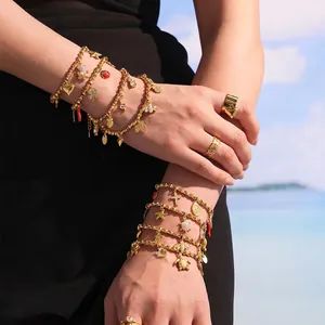 Edelstahl Multi Charm Armband Fußkettchen Vergoldet Bambus Gliederkette Herz Stern Tier Zirkon Emaille Modeschmuck Für Damen