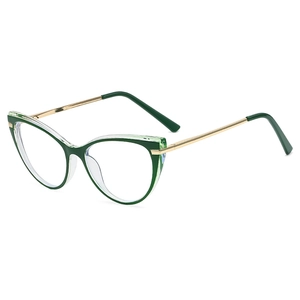 Cat eye glasses frame in dark green TR90 with gold metal legs in a 45-degree side view