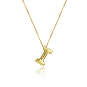 Detail of 18K gold plated balloon style letter I pendant with polished finish
